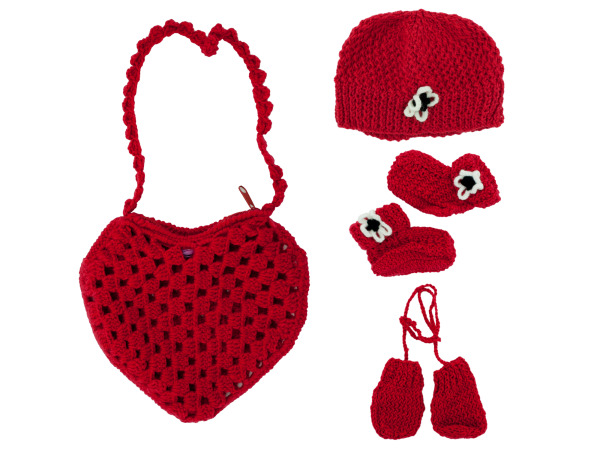 Red Heart-Shaped Bag with Beanie, Mittens and Booties